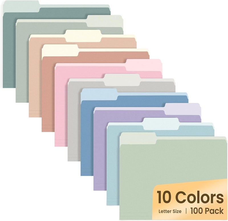 SUNEE File Folders Letter Size 10 Pastel Colors, 100 Pack Manilla Folders 8.5 x 11 1/3-Cut Tabs, Colored File Folders Office Home School for Documents Files Paper - Image 1